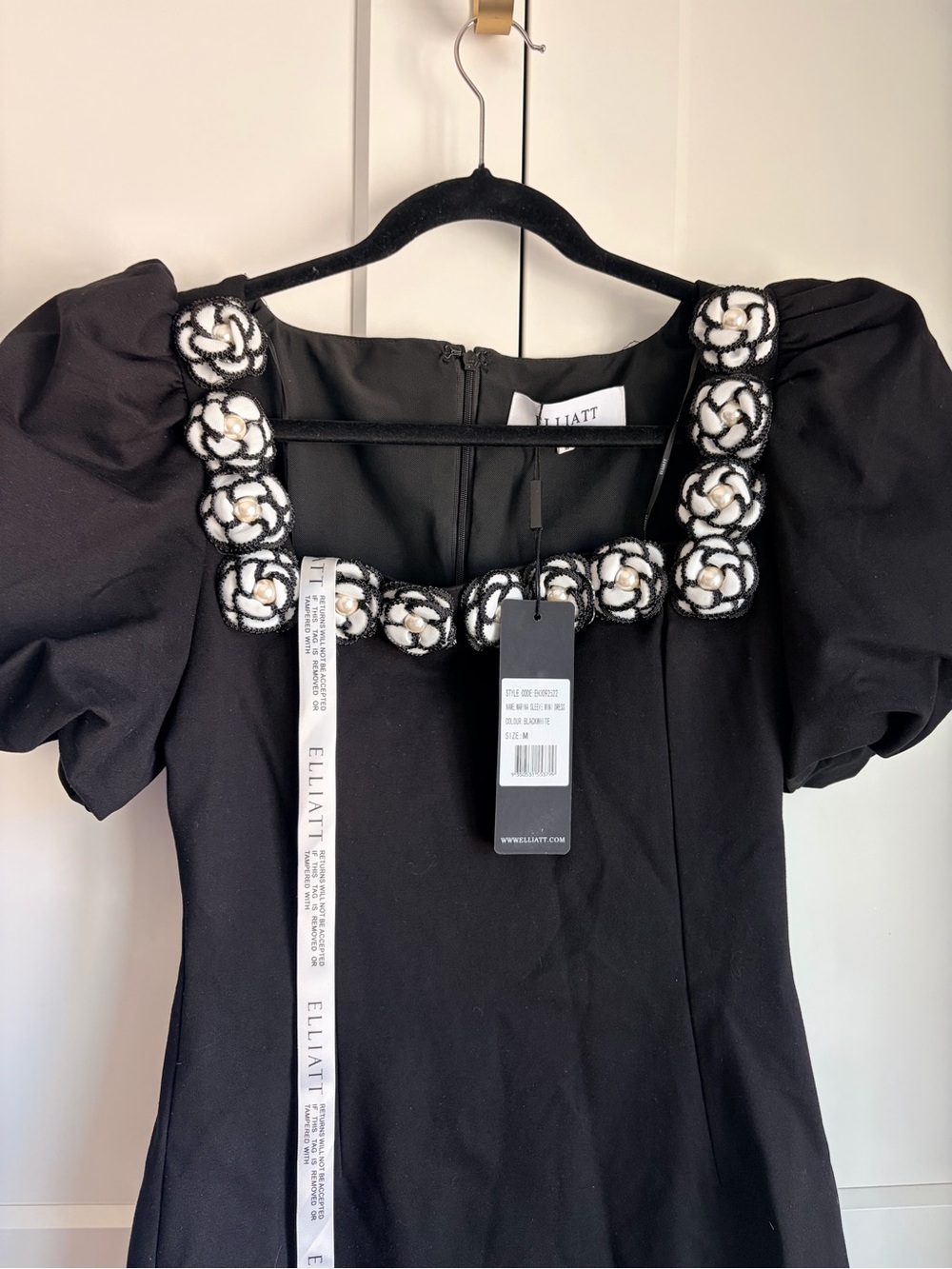 Elliatt Black Mini Dress with Floral-Trim Square Neckline | M - Picture 3 of 6